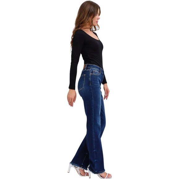 Women's Mid Rise Straight Jean with Frayed Hem Dark Blue Plus Size - Picture 7 of 7